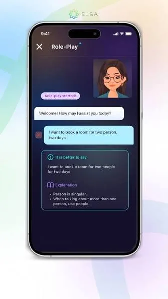 ELSA role-play chat in a hotel scene: the learner writes 'I want to book a room for two person, two days' and ELSA suggests 'two people' and explains that person is singular