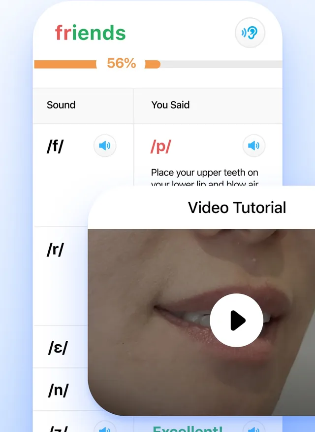 ELSA breakdown of the word 'friends' at 56 percent, showing the expected /f/ against the /p/ the speaker said, with a video tutorial of a mouth open on screen