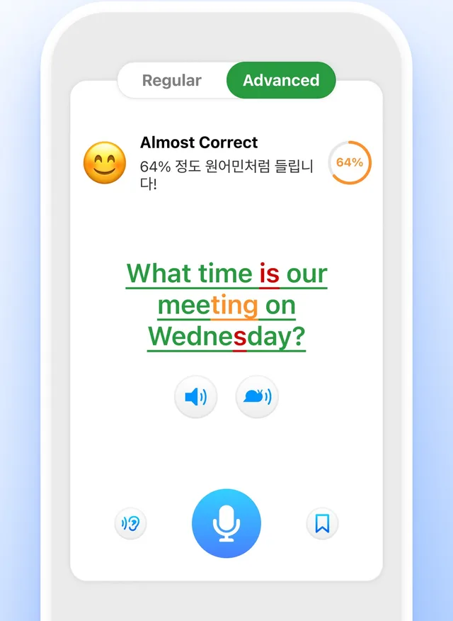 ELSA result for the sentence 'What time is our meeting on Wednesday?' scored 64 percent, with the s in 'is' and 'Wednesday' red, 'ting' in 'meeting' orange and the rest green