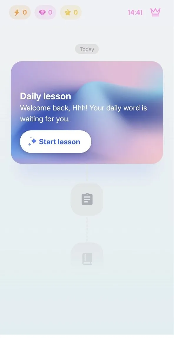 Loora home screen with lightning, gem and star counters set to 0 at the top, a clock and a crown icon, and a Daily lesson card with a Start lesson button