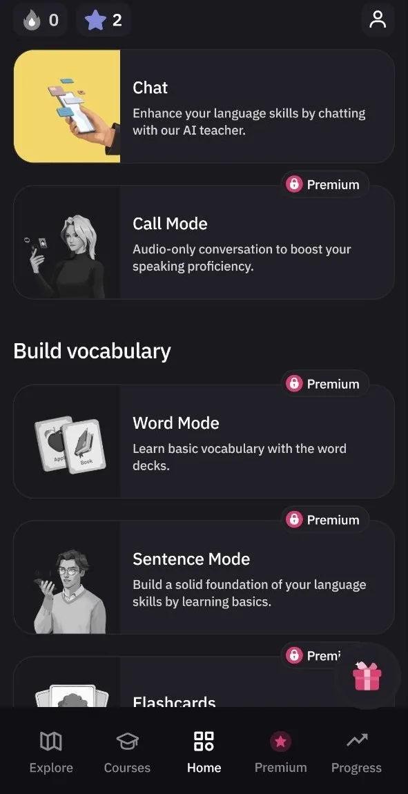 Talkpal की होम स्क्रीन जिस पर Chat, Call Mode, Word Mode, Sentence Mode और Flashcards की लिस्ट है