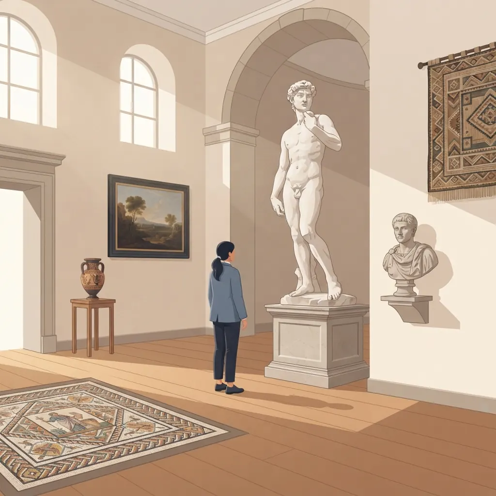 A grand gallery with a statue, each object boxed and labelled in Spanish