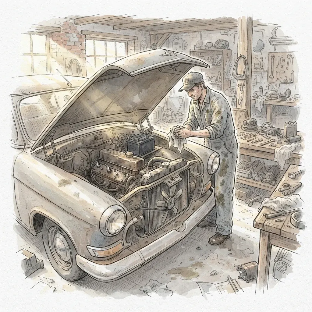 A sketch of a mechanic leaning over an open engine bay, the parts boxed and labelled in German