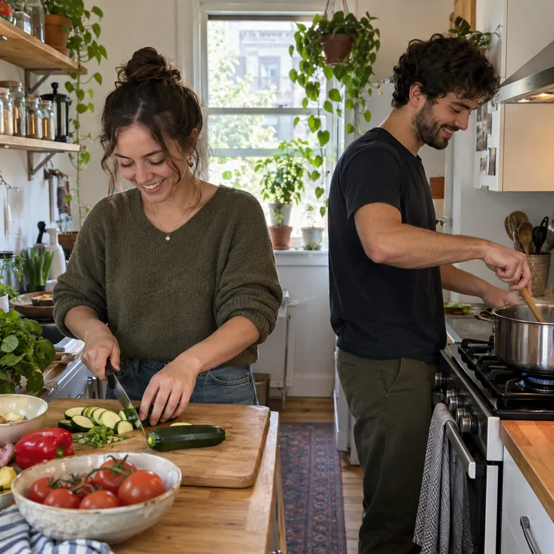 Two friends cook in a small home kitchen: a woman chops vegetables while a man stirs a pot on the stove.