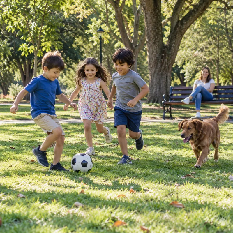 Three children play football in a sunny park while a brown dog runs beside them.